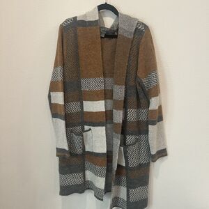 Natural Reflections Brown Plaid Hooded Longline Cardigan Duster Sweater XL